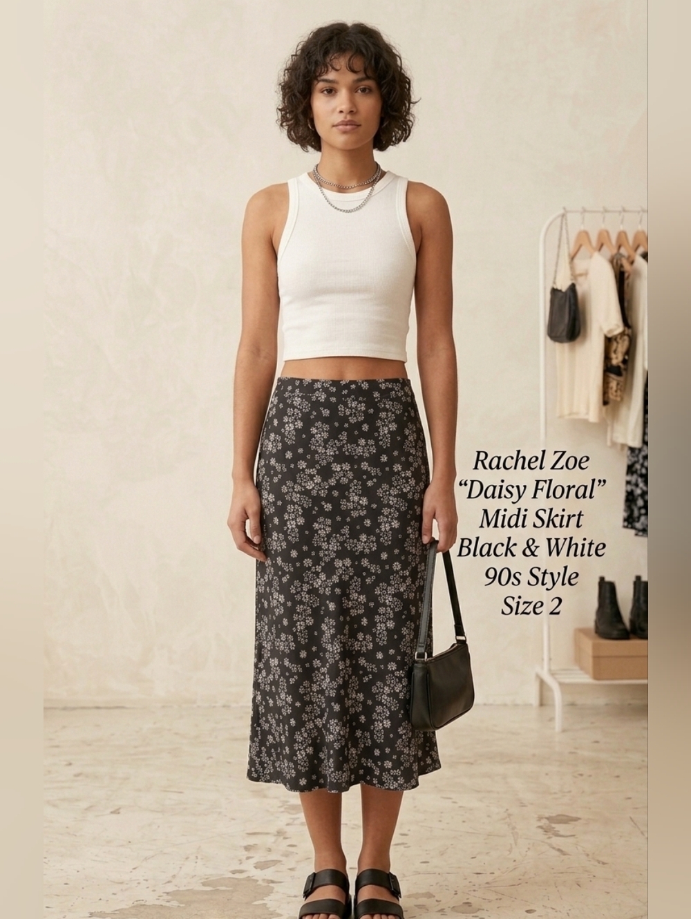 Rachel Zoe Daisy Floral Midi Skirt Black White 90s Style Size 2